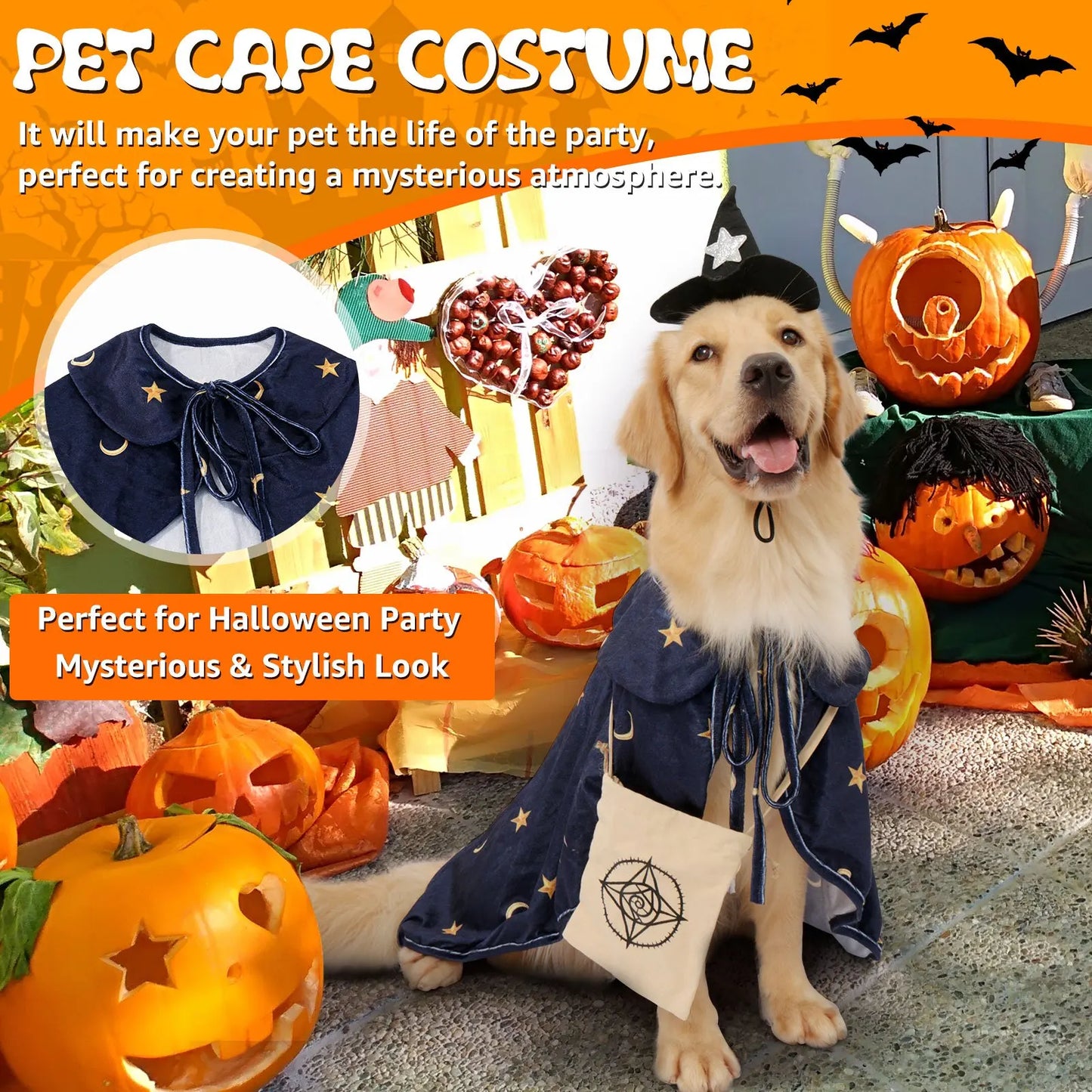 Dog Halloween Wizard Costume with 3pc Attached Treat Pocket Cape and Matching Hat for Small Medium Large Breeds