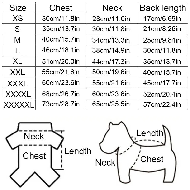 Size chart for clothing with measurements in centimeters and inches, including diagrams of chest, neck, and length.