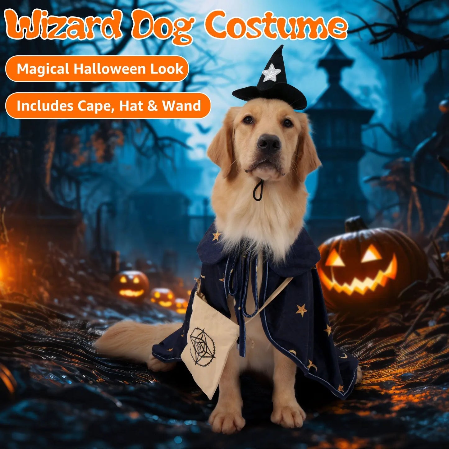 Dog Halloween Wizard Costume with 3pc Attached Treat Pocket Cape and Matching Hat for Small Medium Large Breeds
