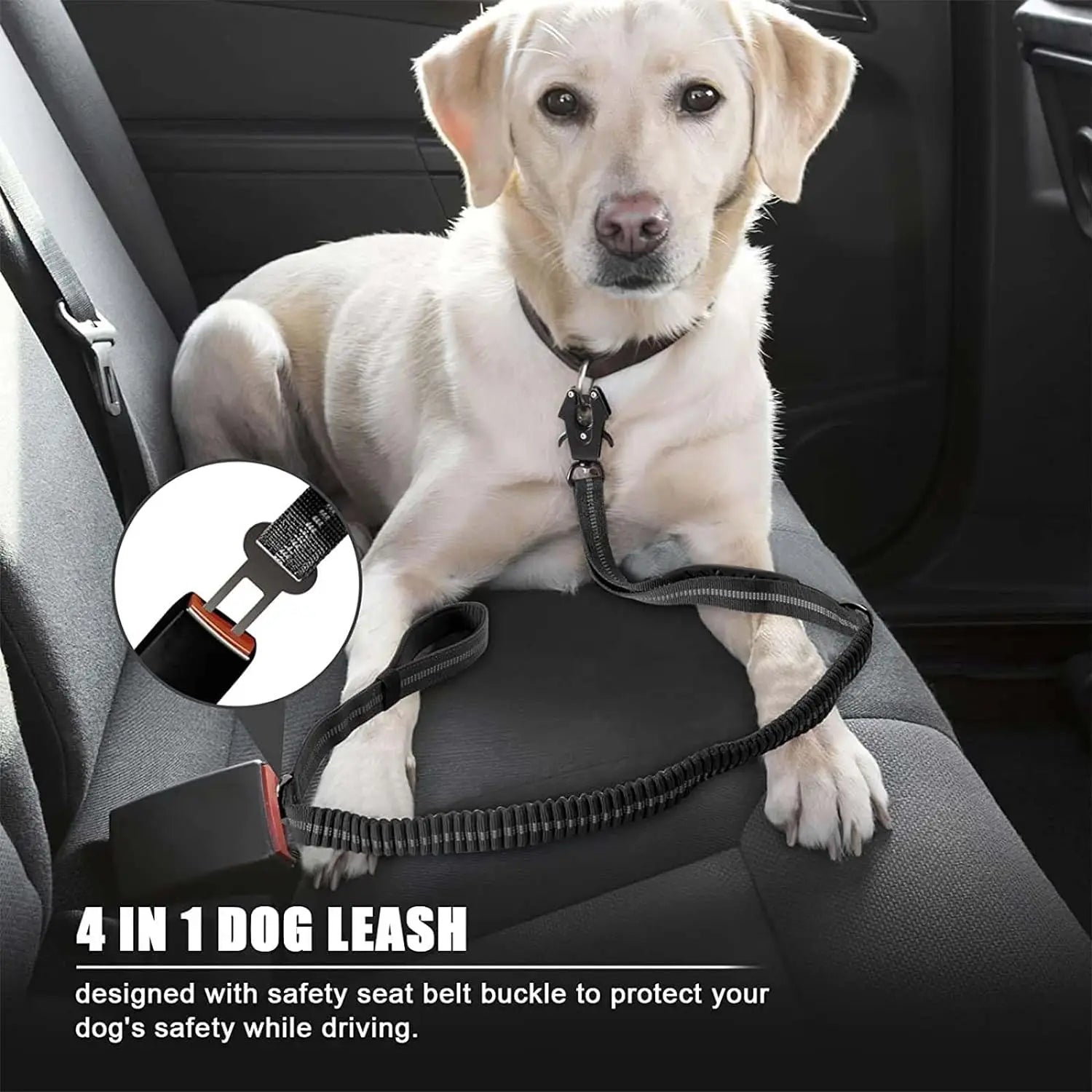 heavy duty 2 in 1 dog car seat belt buckle bungee restraint and leash