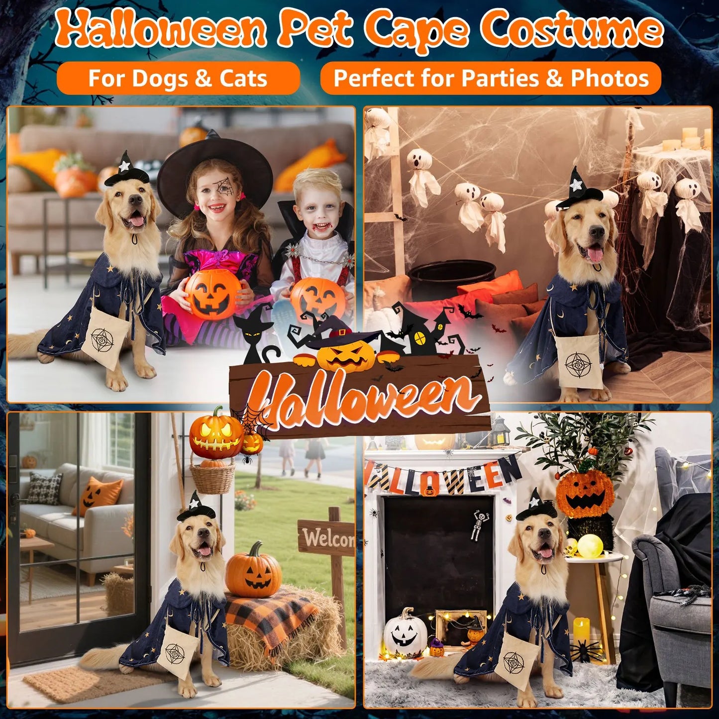 Dog Halloween Wizard Costume with 3pc Attached Treat Pocket Cape and Matching Hat for Small Medium Large Breeds