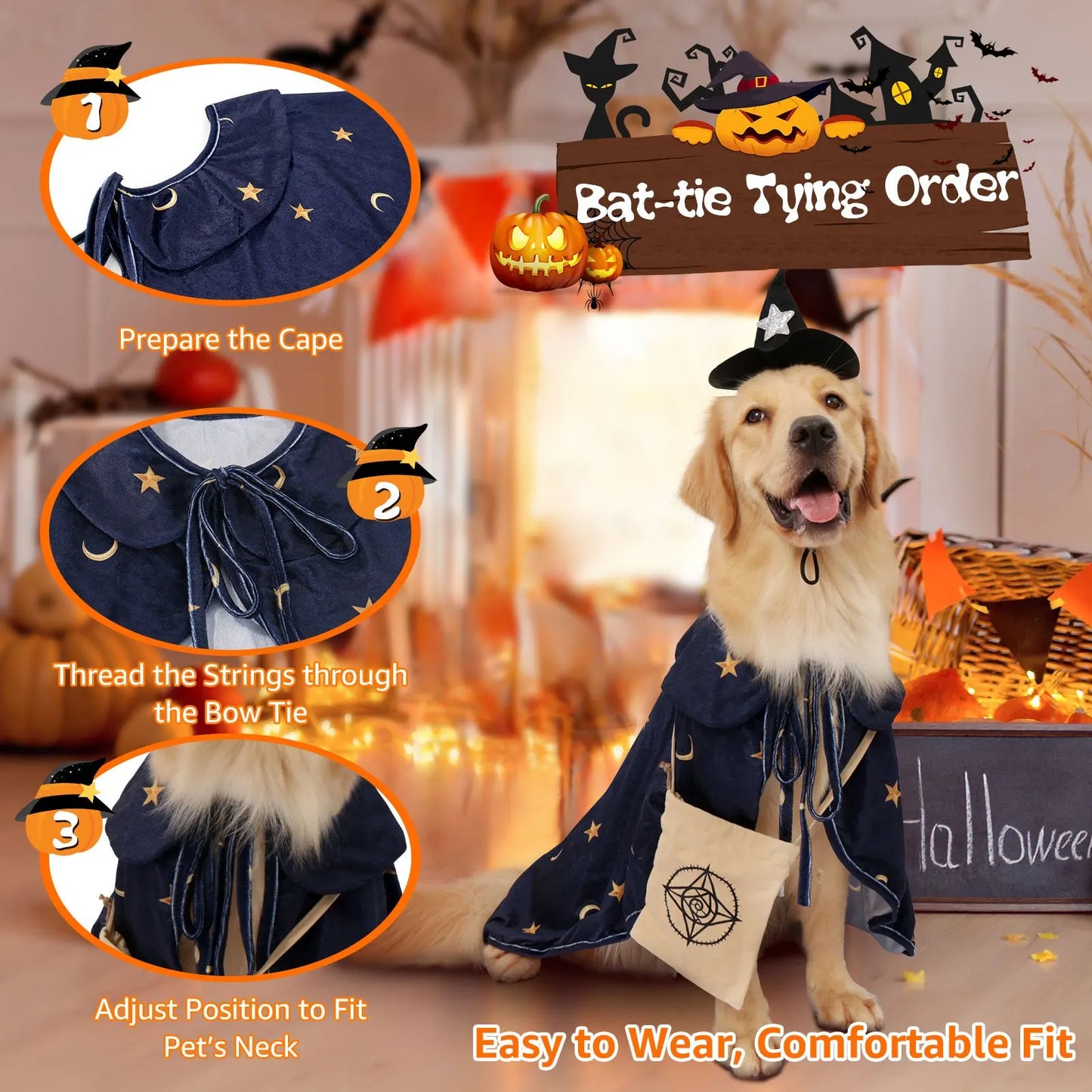 Dog Halloween Wizard Costume with 3pc Attached Treat Pocket Cape and Matching Hat for Small Medium Large Breeds