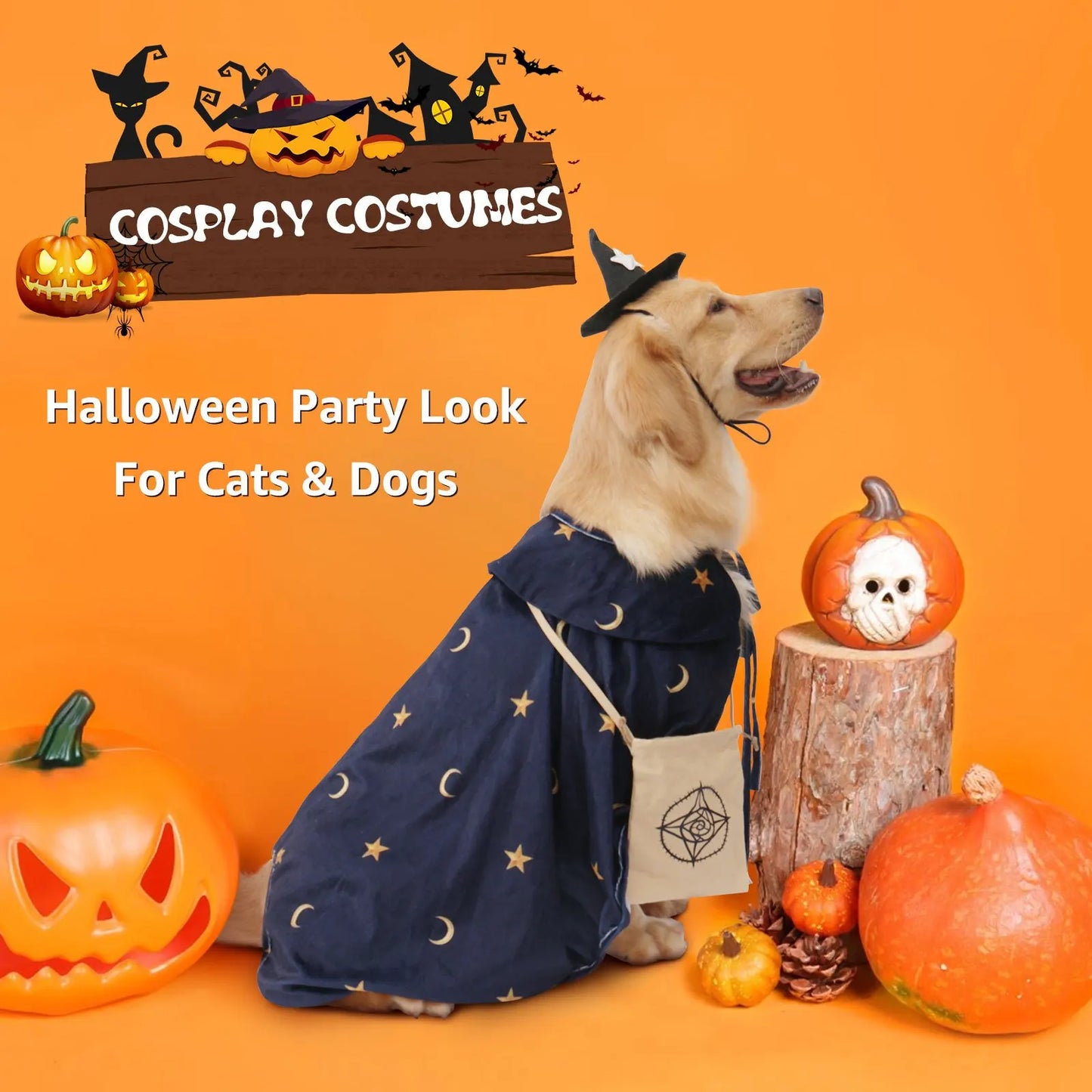Dog Halloween Wizard Costume with 3pc Attached Treat Pocket Cape and Matching Hat for Small Medium Large Breeds