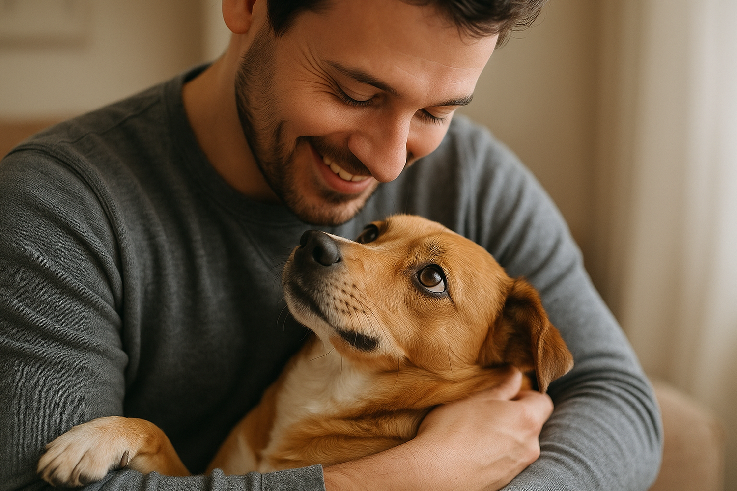 A cute dog looking up at its smiling owner during a cuddle