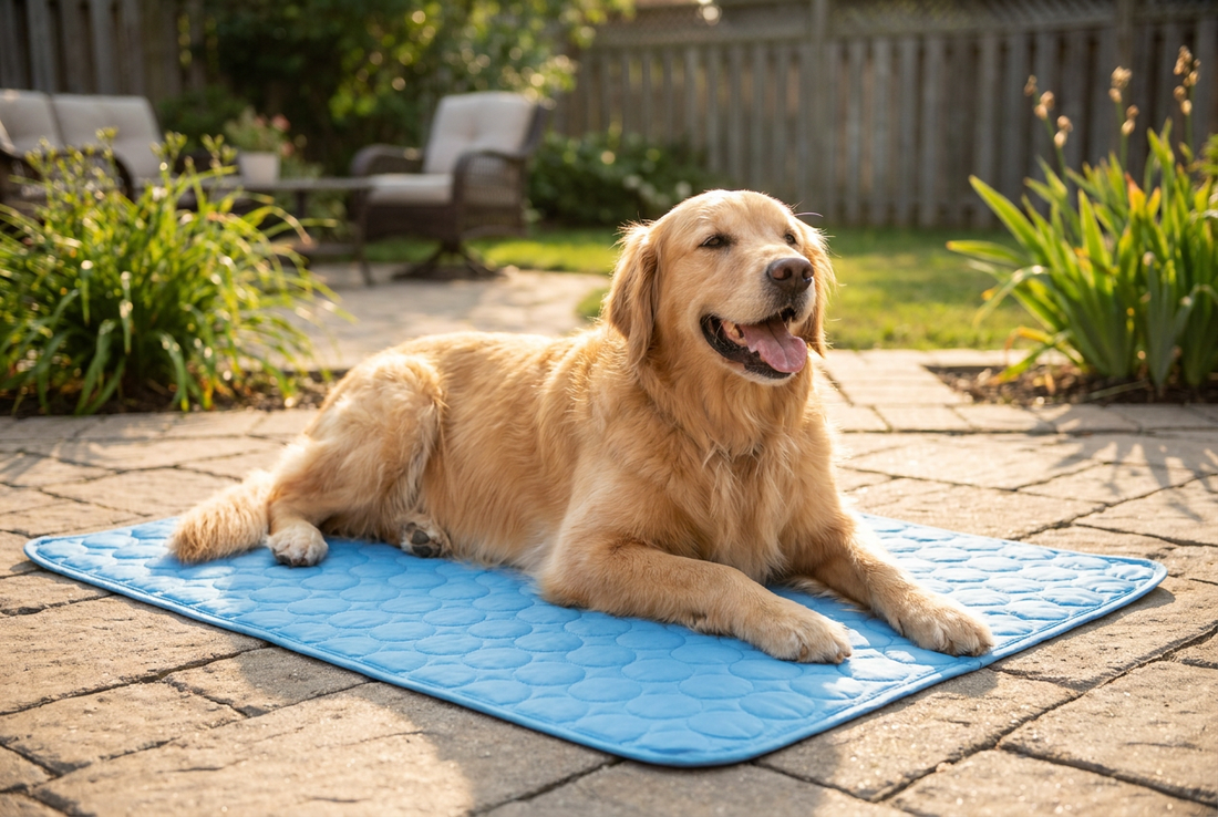 Golden retriever relaxing on a Rover Rituals Self-Cooling Pet Pad in a sunny backyard
