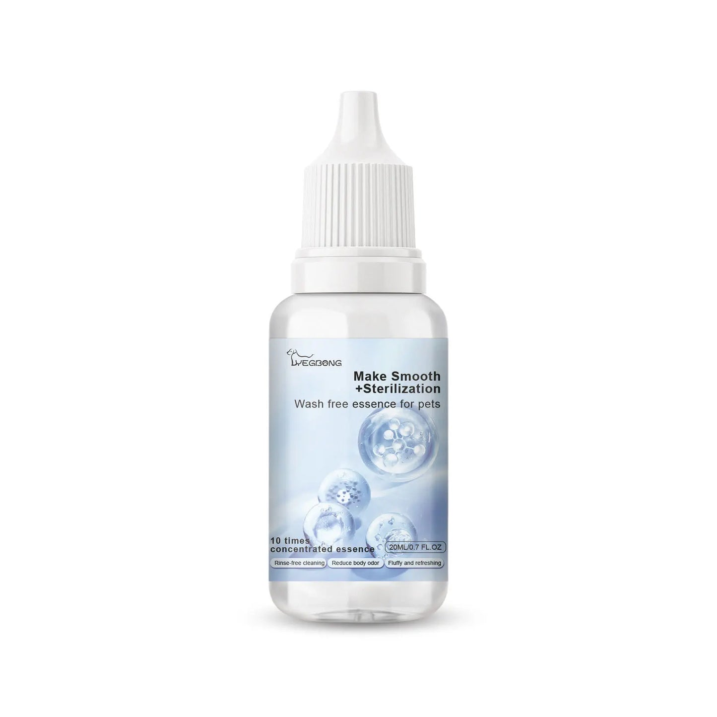 Bottle of 'Make Smooth + Sterilization' wash-free essence for pets on a white background
