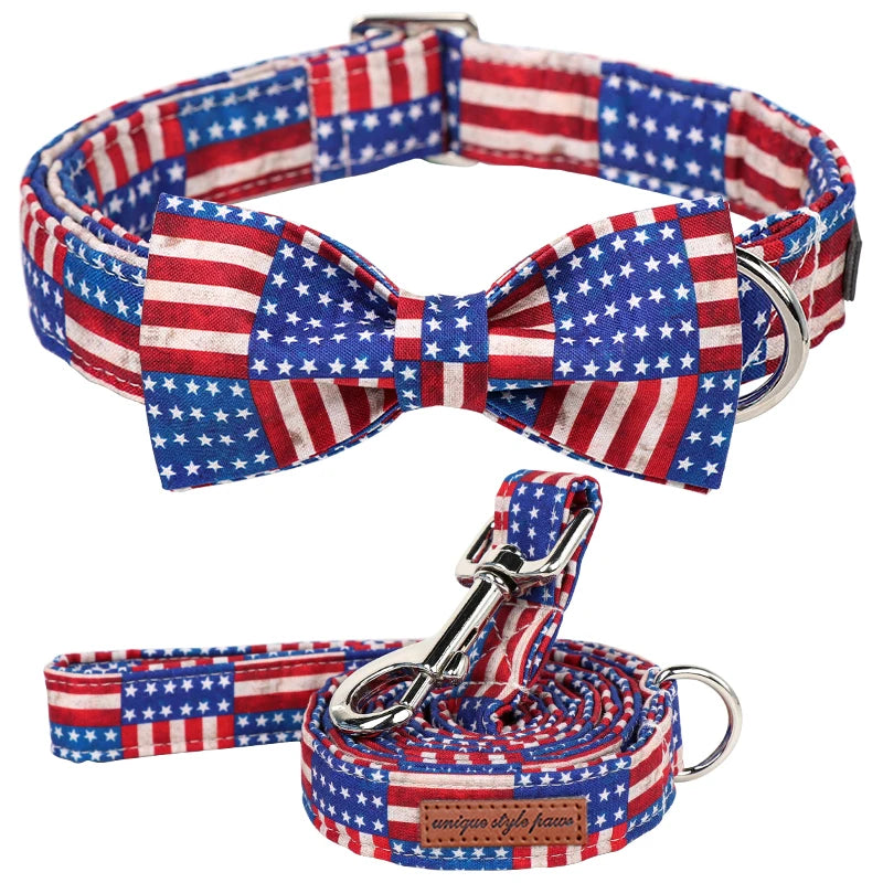 American Flag Dog Collar with Bowtie Sets | Independence Day 4th of July Pet Collar