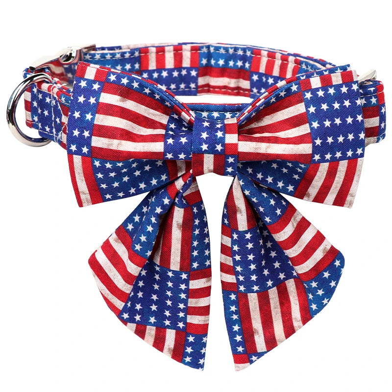 American Flag Dog Collar with Bowtie Sets | Independence Day 4th of July Pet Collar