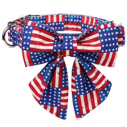 American Flag Dog Collar with Bowtie Sets | Independence Day 4th of July Pet Collar