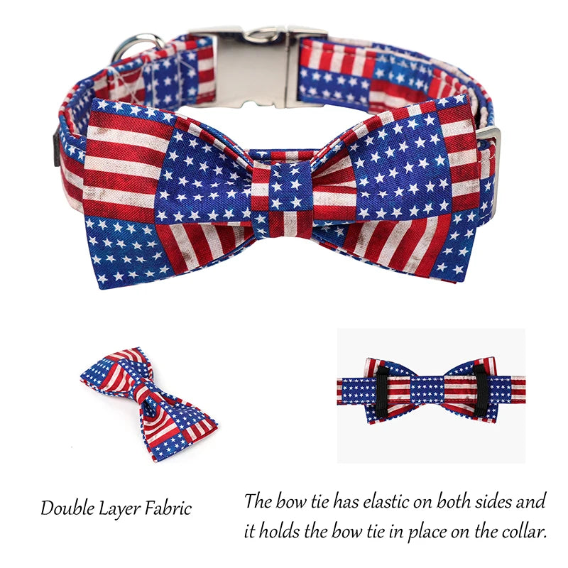 American Flag Dog Collar with Bowtie Sets | Independence Day 4th of July Pet Collar