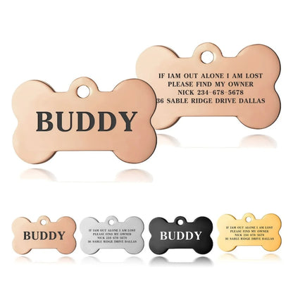 Personalised Engraved Dog ID Tag – Bone Shape | Black, Silver & Gold