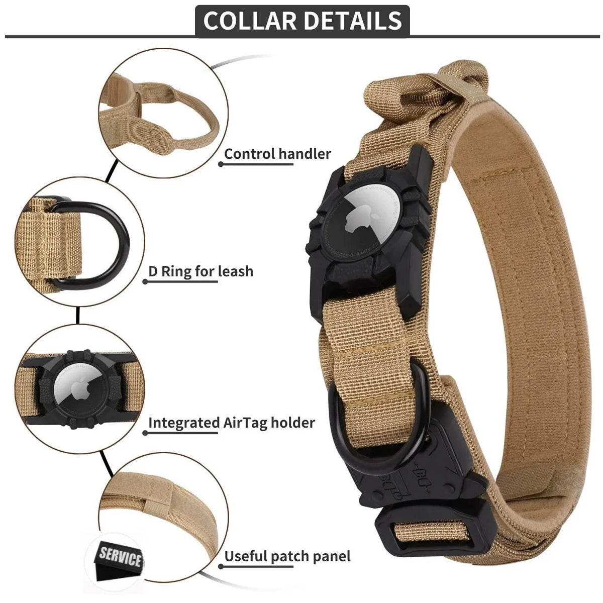 Tactical Dog Collar with AirTag Holder & Bungee Leash Set | Heavy Duty Metal Dog Collar