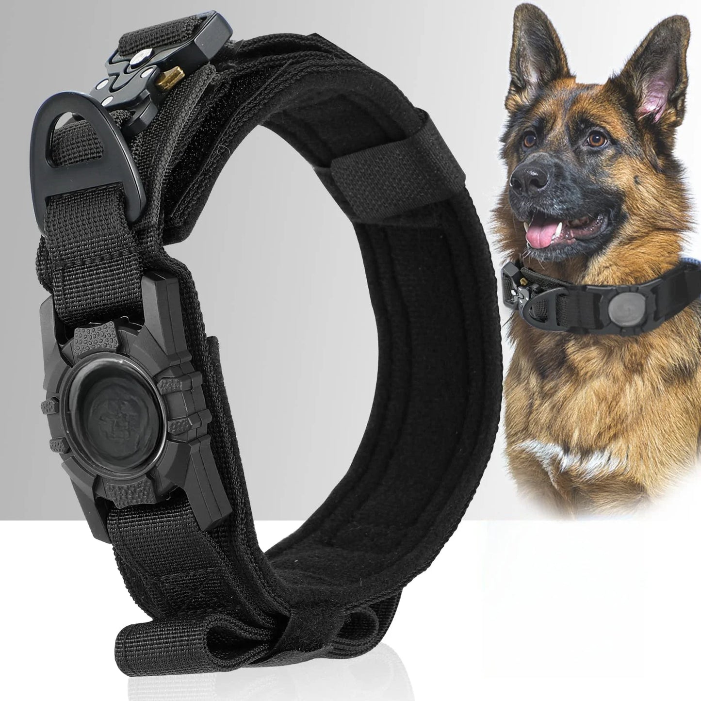 Tactical Dog Collar with AirTag Holder & Bungee Leash Set | Heavy Duty Metal Dog Collar