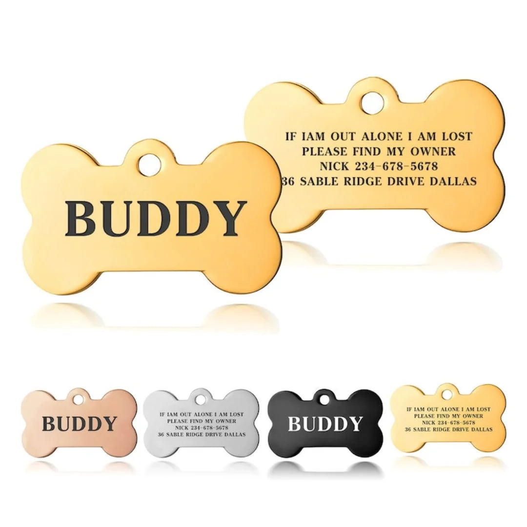 Personalised Engraved Dog ID Tag – Bone Shape | Black, Silver & Gold