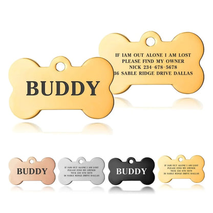 Personalised Engraved Dog ID Tag – Bone Shape | Black, Silver & Gold