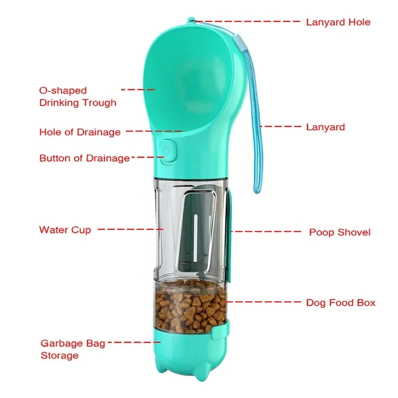 Rover Rituals | Portable dog water bottle feeder with poop bag | PawPal 4 in 1 bottle