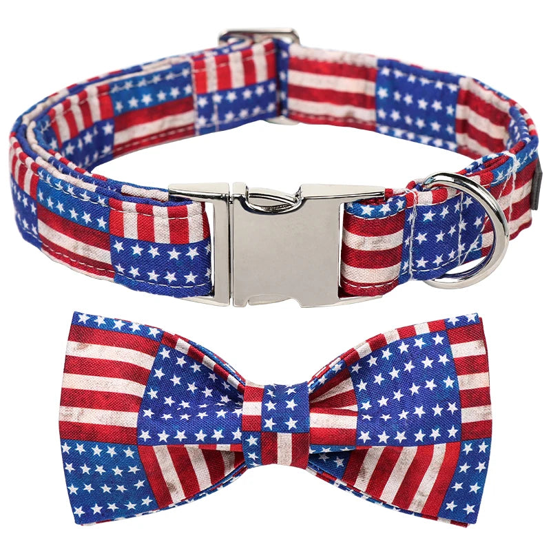 American Flag Dog Collar with Bowtie Sets | Independence Day 4th of July Pet Collar