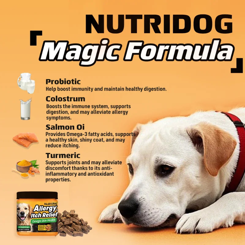 NUTRIDOG Dog Allergy Itch Relief Supplements With Omega-3 Vitamin C Support Skin Immune Health Supplement Nutrition 90 Chews - Rover Rituals