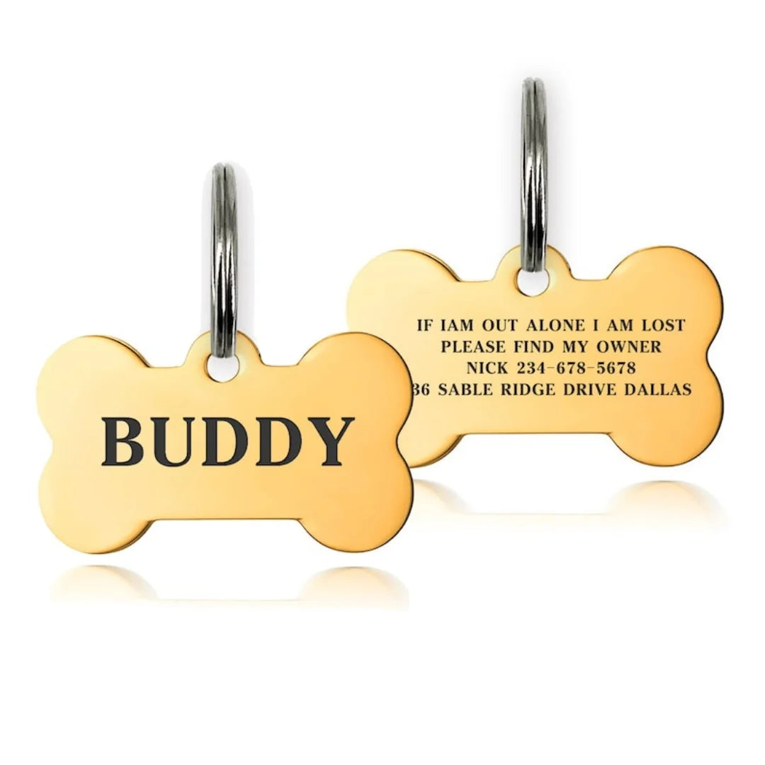 Personalised Engraved Dog ID Tag – Bone Shape | Black, Silver & Gold