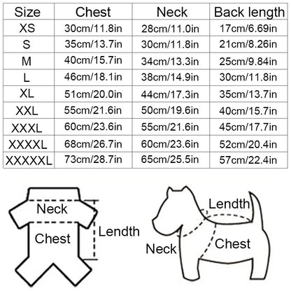 Size chart for clothing with measurements in centimeters and inches, including diagrams of chest, neck, and length.
