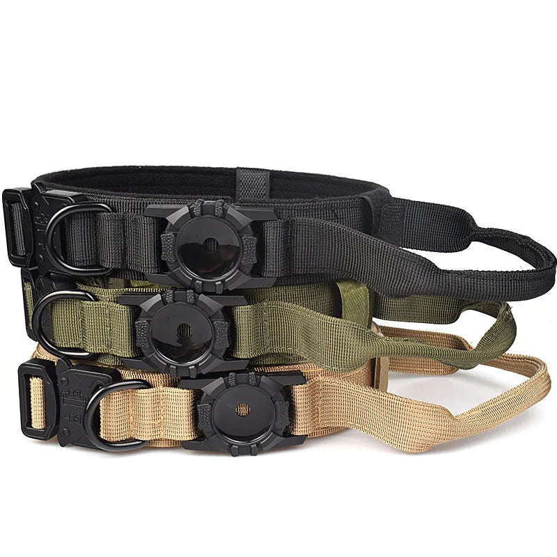 Tactical Dog Collar with AirTag Holder & Bungee Leash Set | Heavy Duty Metal Dog Collar