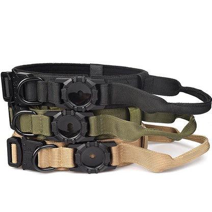 Tactical Dog Collar with AirTag Holder & Bungee Leash Set | Heavy Duty Metal Dog Collar