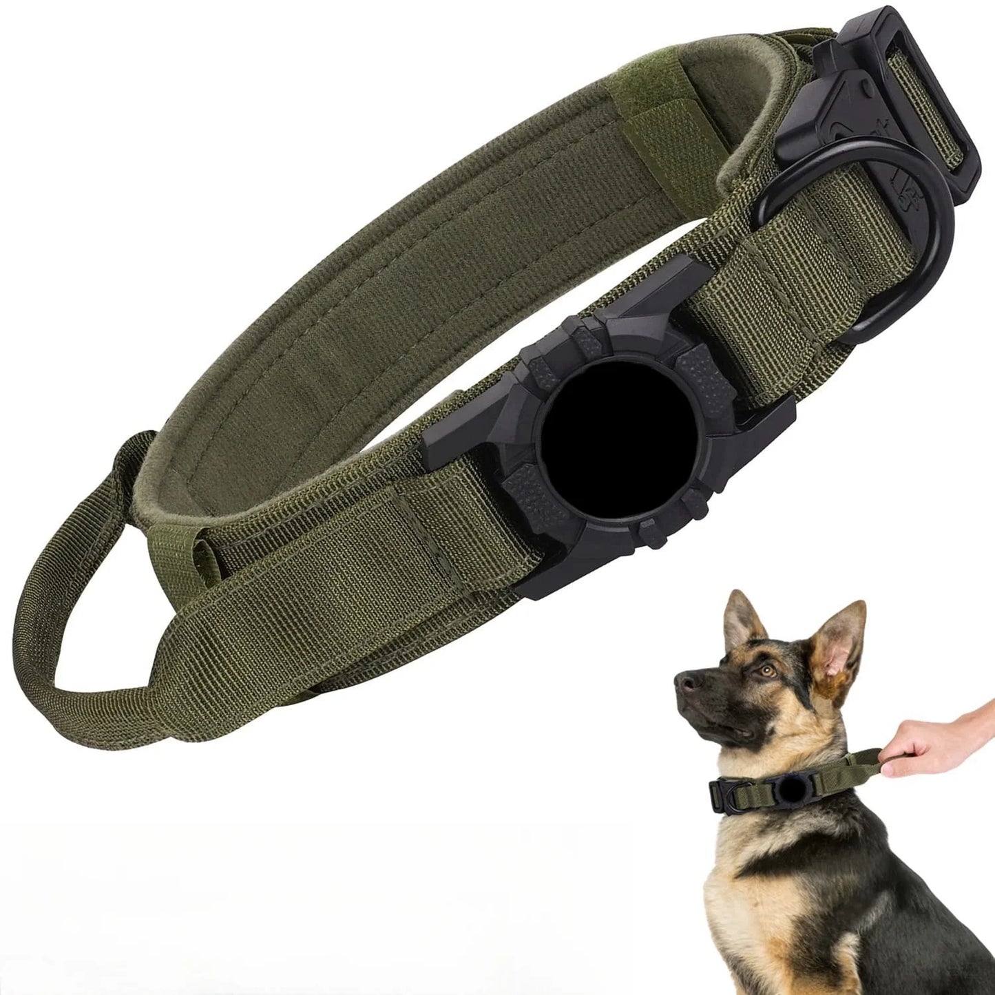Tactical Dog Collar with AirTag Holder & Bungee Leash Set | Heavy Duty Metal Dog Collar