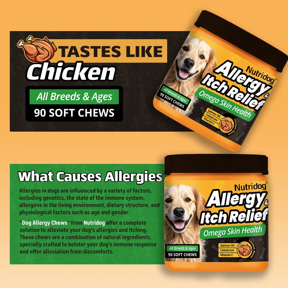 NUTRIDOG Dog Allergy Itch Relief Supplements With Omega-3 Vitamin C Support Skin Immune Health Supplement Nutrition 90 Chews - Rover Rituals