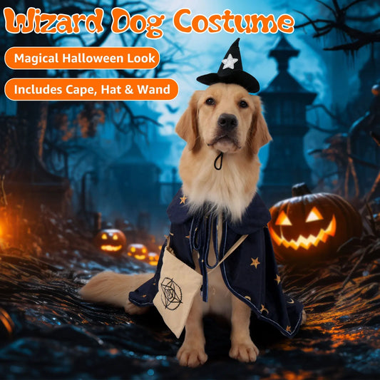 Dog Halloween Wizard Costume with 3pc Attached Treat Pocket Cape and Matching Hat for Small Medium Large Breeds