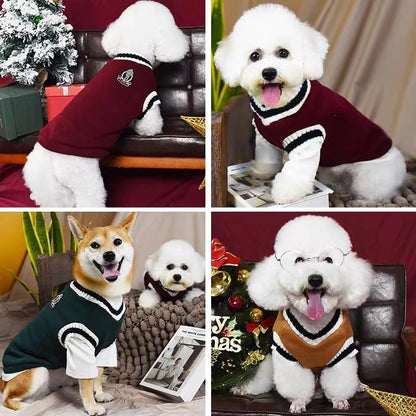 Winter Warm Dog Sweater College Style V-neck Knitwear Coat | Dog Clothes