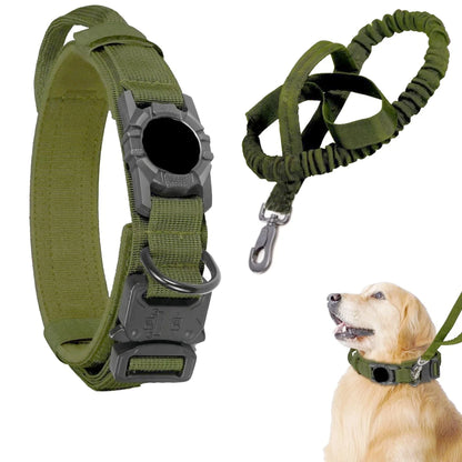 Tactical Dog Collar with AirTag Holder & Bungee Leash Set | Heavy Duty Metal Dog Collar