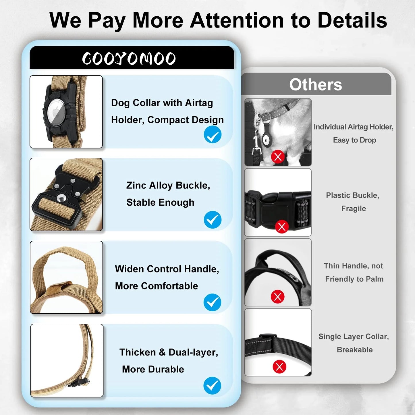 Tactical Dog Collar with AirTag Holder & Bungee Leash Set | Heavy Duty Metal Dog Collar