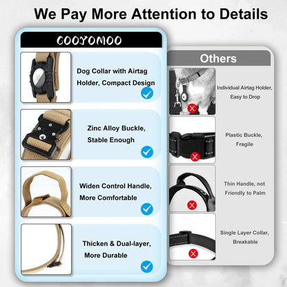 Tactical Dog Collar with AirTag Holder & Bungee Leash Set | Heavy Duty Metal Dog Collar