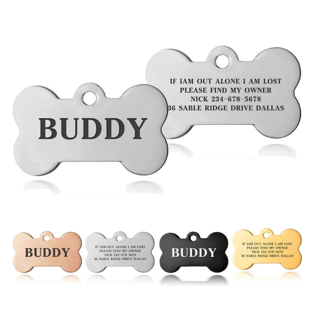 Personalised Engraved Dog ID Tag – Bone Shape | Black, Silver & Gold