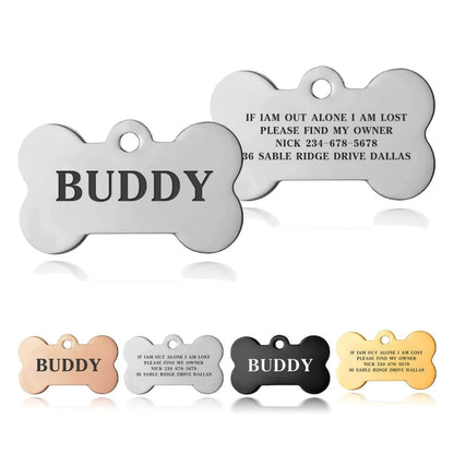 Personalised Engraved Dog ID Tag – Bone Shape | Black, Silver & Gold