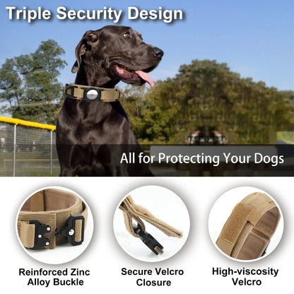 Tactical Dog Collar with AirTag Holder & Bungee Leash Set | Heavy Duty Metal Dog Collar
