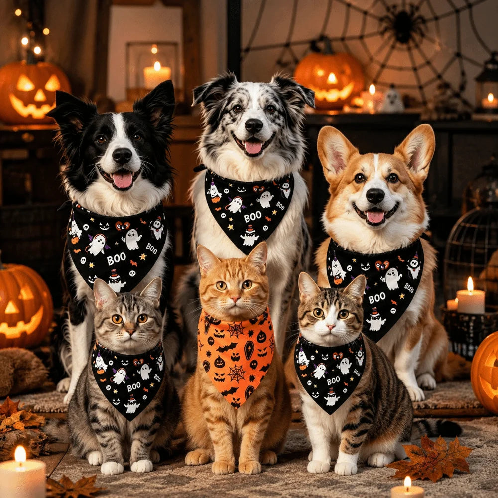 Ghost and Pumpkin Halloween Bandana for Dogs and Cats