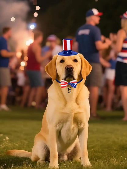 4th of July Dog Top Hat & Bow Tie Collar Set | Patriotic Pet Costume
