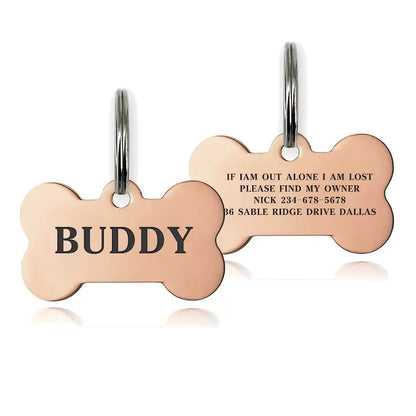Personalised Engraved Dog ID Tag – Bone Shape | Black, Silver & Gold
