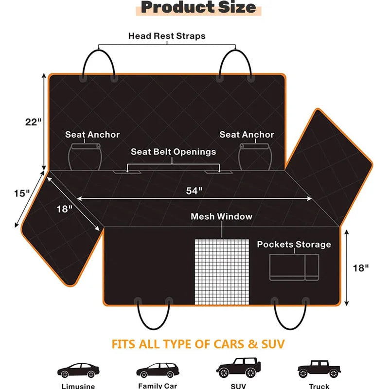 Waterproof Car Back Seat Cover for Dogs with 2 Storage Pockets – Pet Hammock Protector