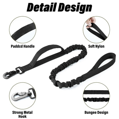 Tactical Dog Collar with AirTag Holder & Bungee Leash Set | Heavy Duty Metal Dog Collar