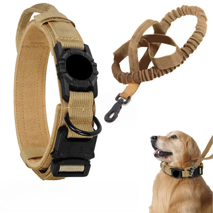 Tactical Dog Collar with AirTag Holder & Bungee Leash Set | Heavy Duty Metal Dog Collar