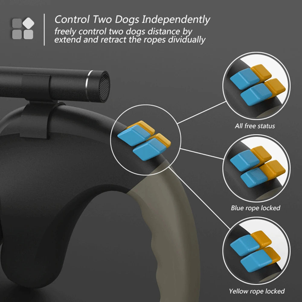PawPilot™ Heavy Duty 50lb/23kg Dual Retractable No Tangle Leash with Flashlight | Dog Leash