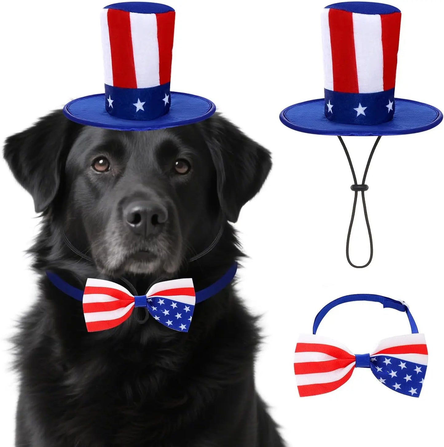 4th of July Dog Top Hat & Bow Tie Collar Set | Patriotic Pet Costume