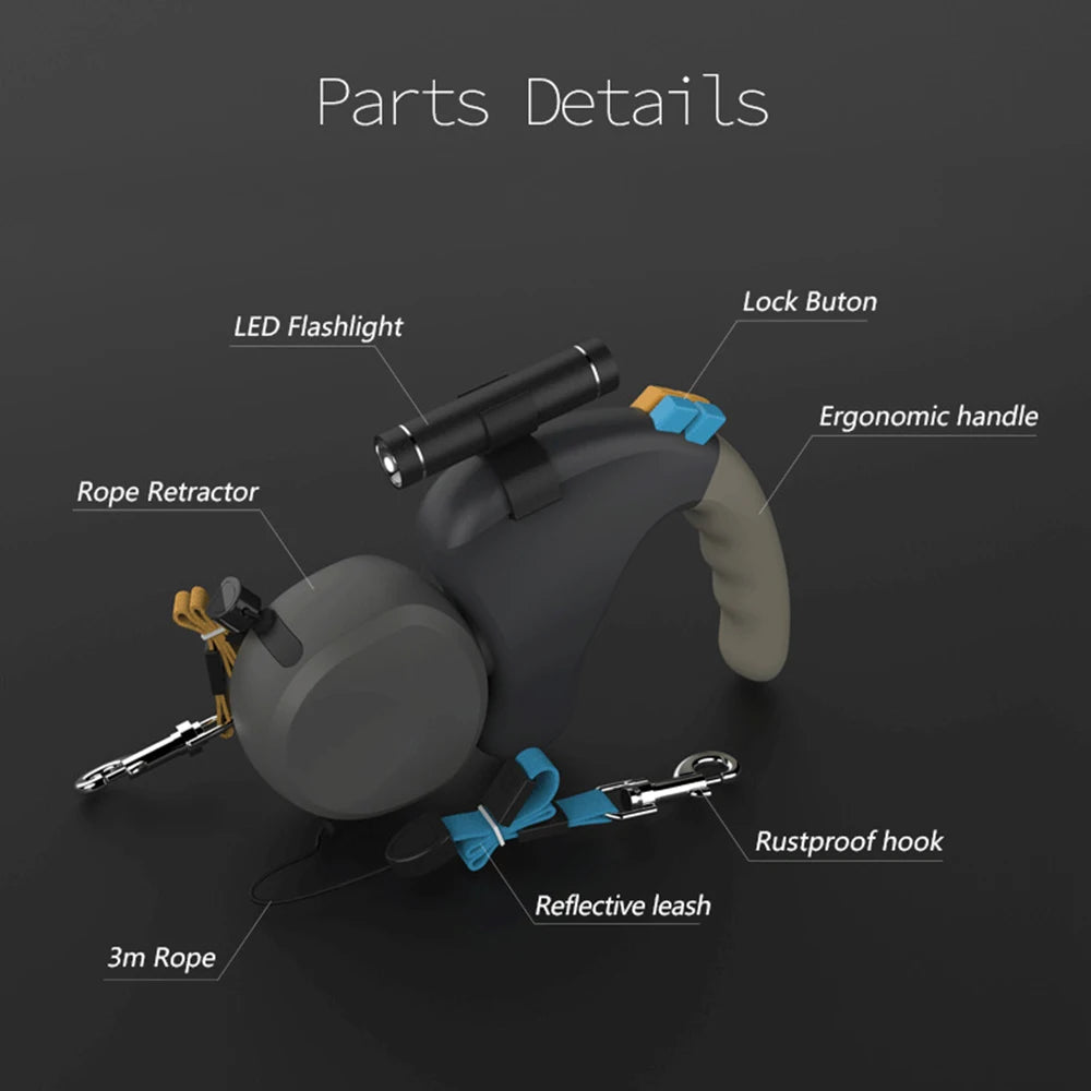 PawPilot™ Heavy Duty 50lb/23kg Dual Retractable No Tangle Leash with Flashlight | Dog Leash