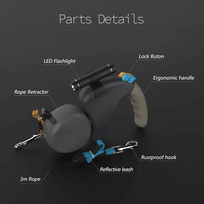 PawPilot™ Heavy Duty 50lb/23kg Dual Retractable No Tangle Leash with Flashlight | Dog Leash