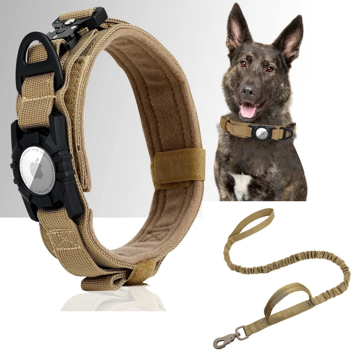 Tactical Dog Collar with AirTag Holder & Bungee Leash Set | Heavy Duty Metal Dog Collar