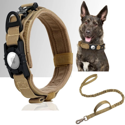Tactical Dog Collar with AirTag Holder & Bungee Leash Set | Heavy Duty Metal Dog Collar