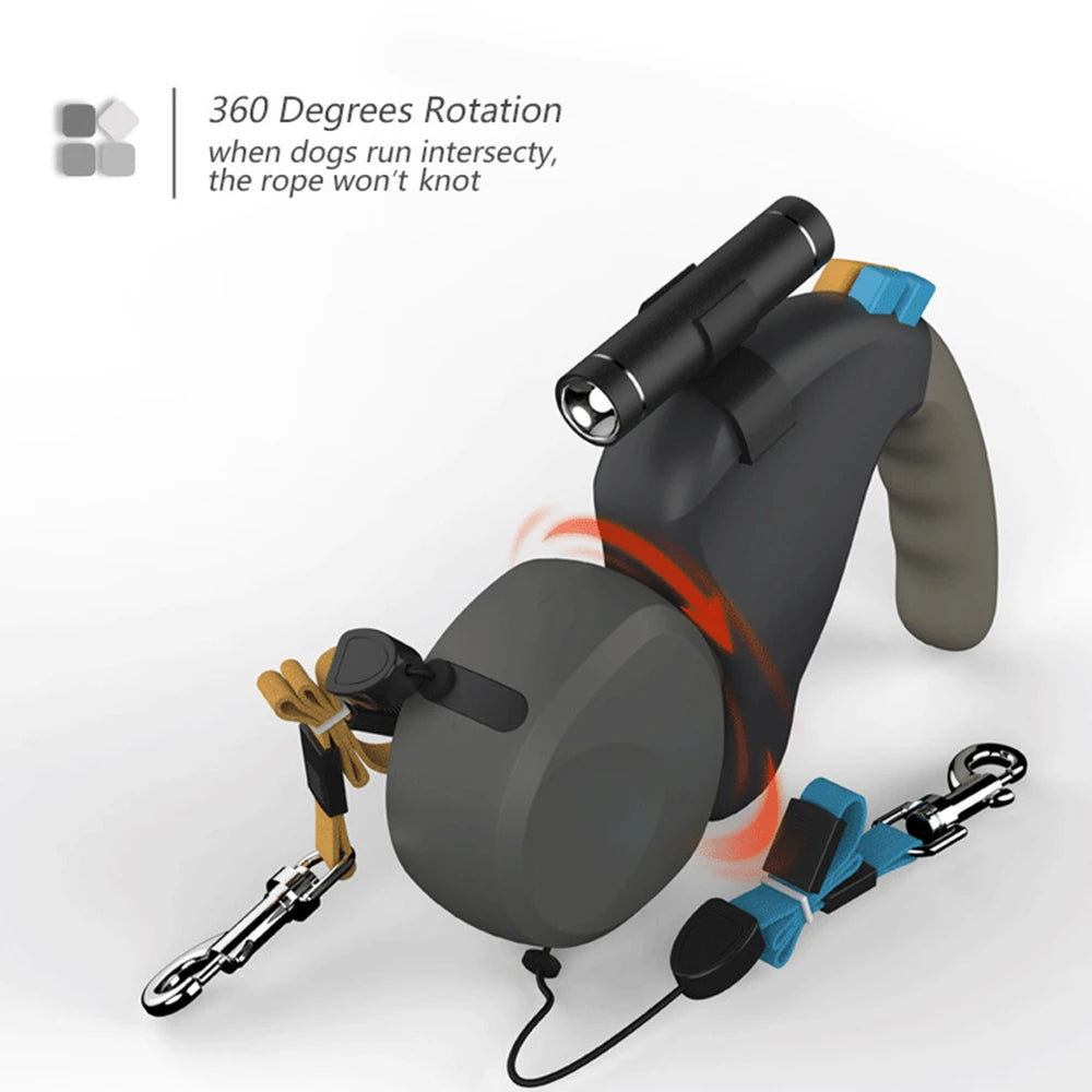 PawPilot™ Heavy Duty 50lb/23kg Dual Retractable No Tangle Leash with Flashlight | Dog Leash
