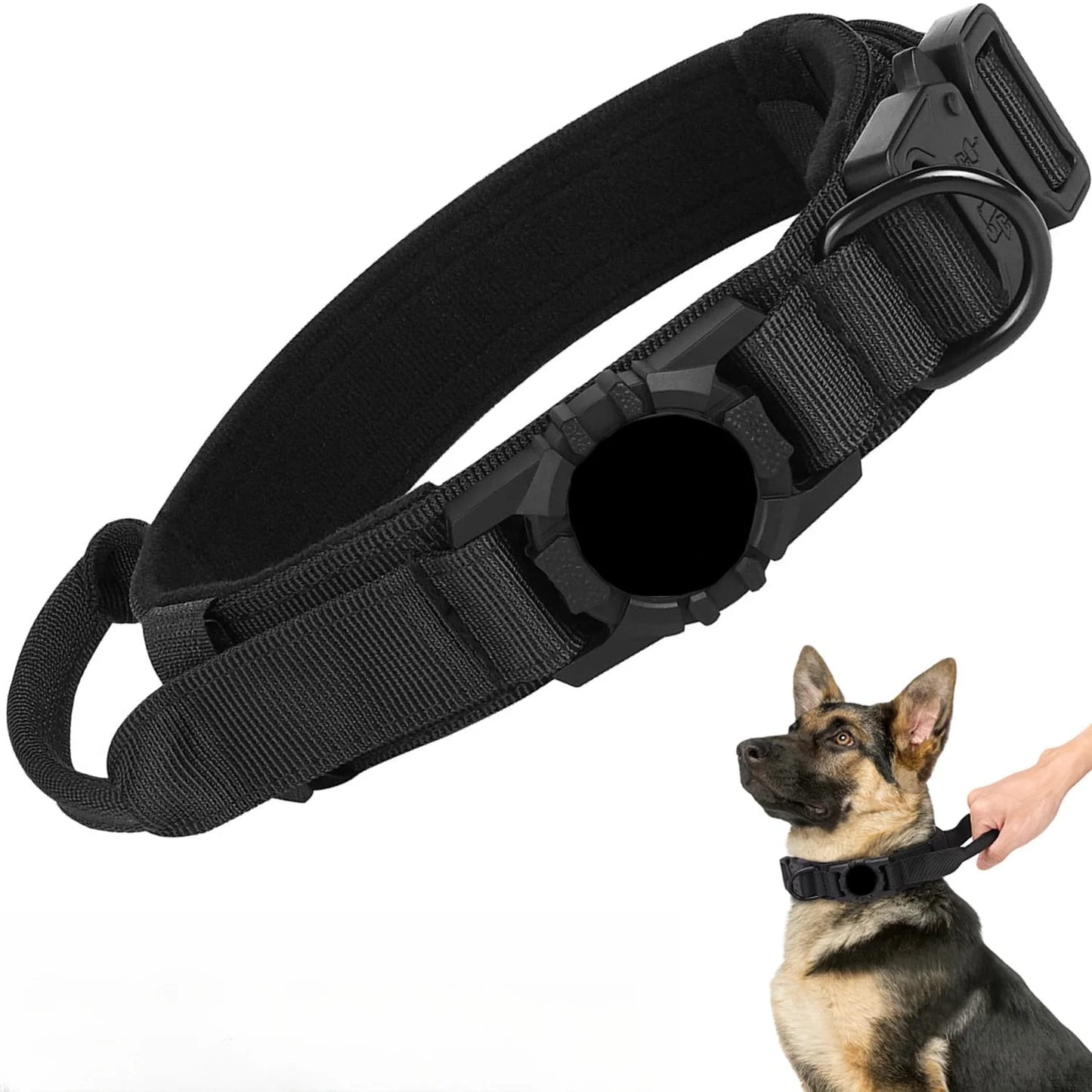 Tactical Dog Collar with AirTag Holder & Bungee Leash Set | Heavy Duty Metal Dog Collar